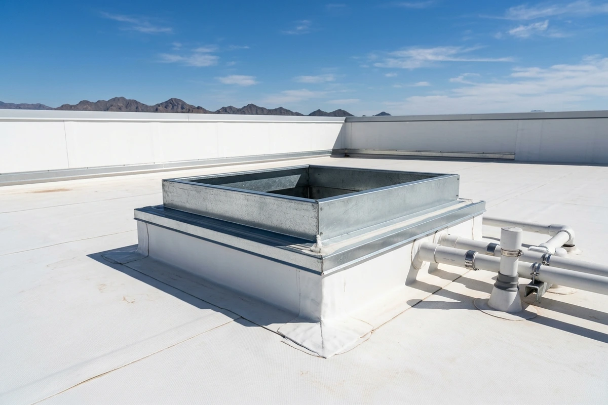 Multi-tier commercial HVAC curb flashings and parapet wall detail on a Tucson roof